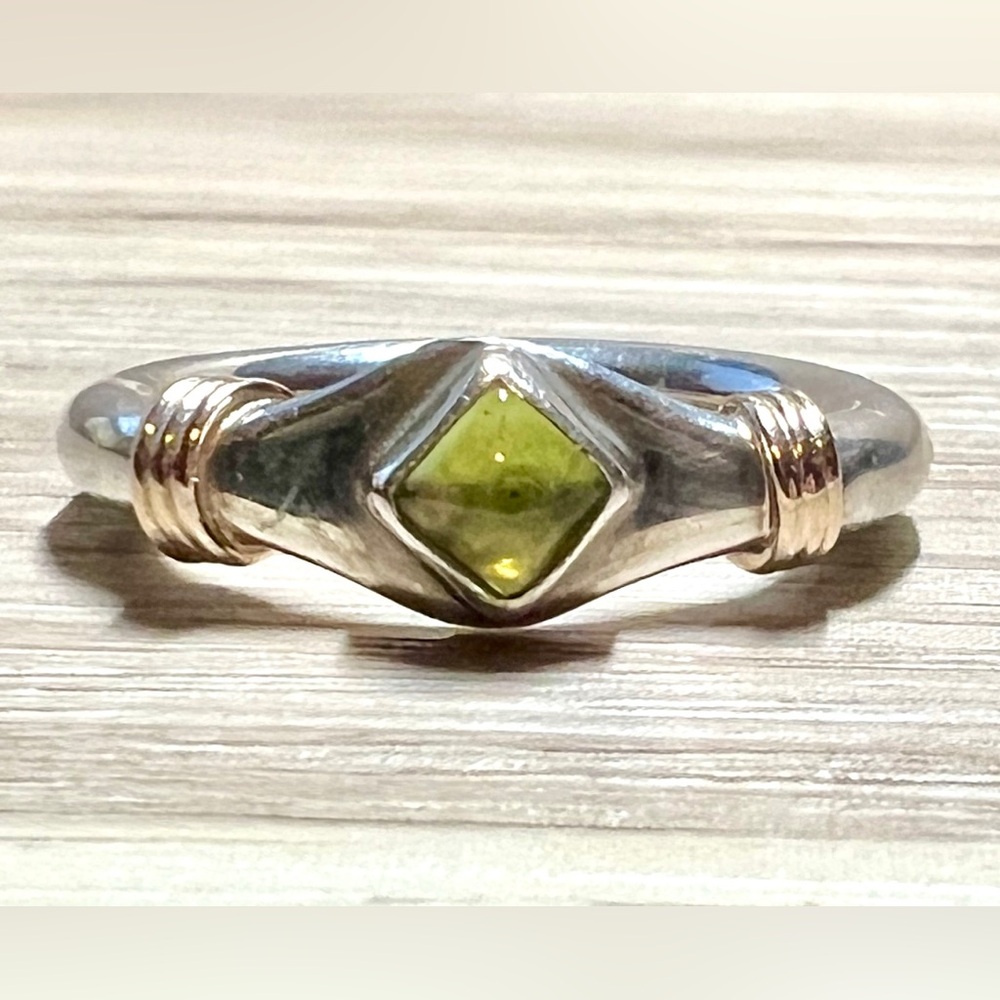 Vintage Handmade Sterling Silver & 14K Gold Peridot Ring, Size 6.75, 5.34g - Picture 2 of 9